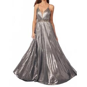 NEW JULIET metallic pleated v-neck gown in charcoal